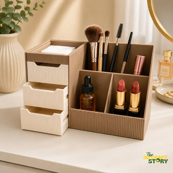 Premium desktop organizer with 3 drawers and multiple compartments for makeup, stationery, and office supplies.