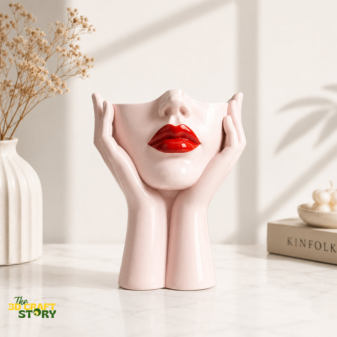 Decorative face shape makeup brush holder with glossy red lips design used for storing cosmetic brushes and beauty accessories.