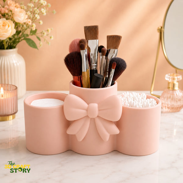 Elegant Bow Makeup Brush Holder | Cosmetic Organizer | Cotton Pad & Beauty Accessories Storage