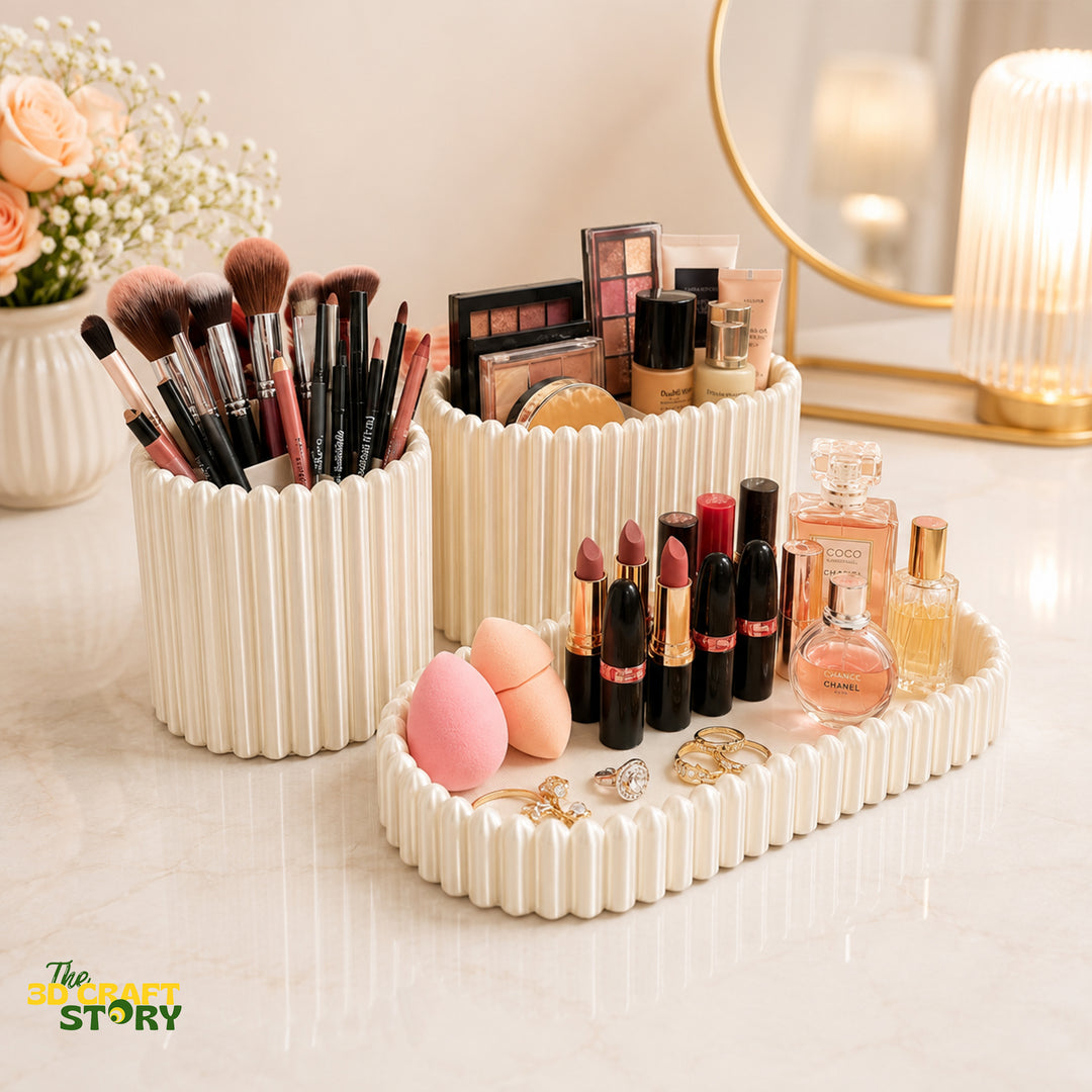 Luxury Makeup Organizer Set | Vanity Storage Tray & Brush Holder (3 Pieces)