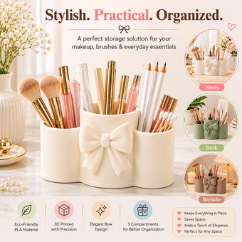 Elegant Bow Makeup Brush Holder | Cosmetic Organizer | Cotton Pad & Beauty Accessories Storage