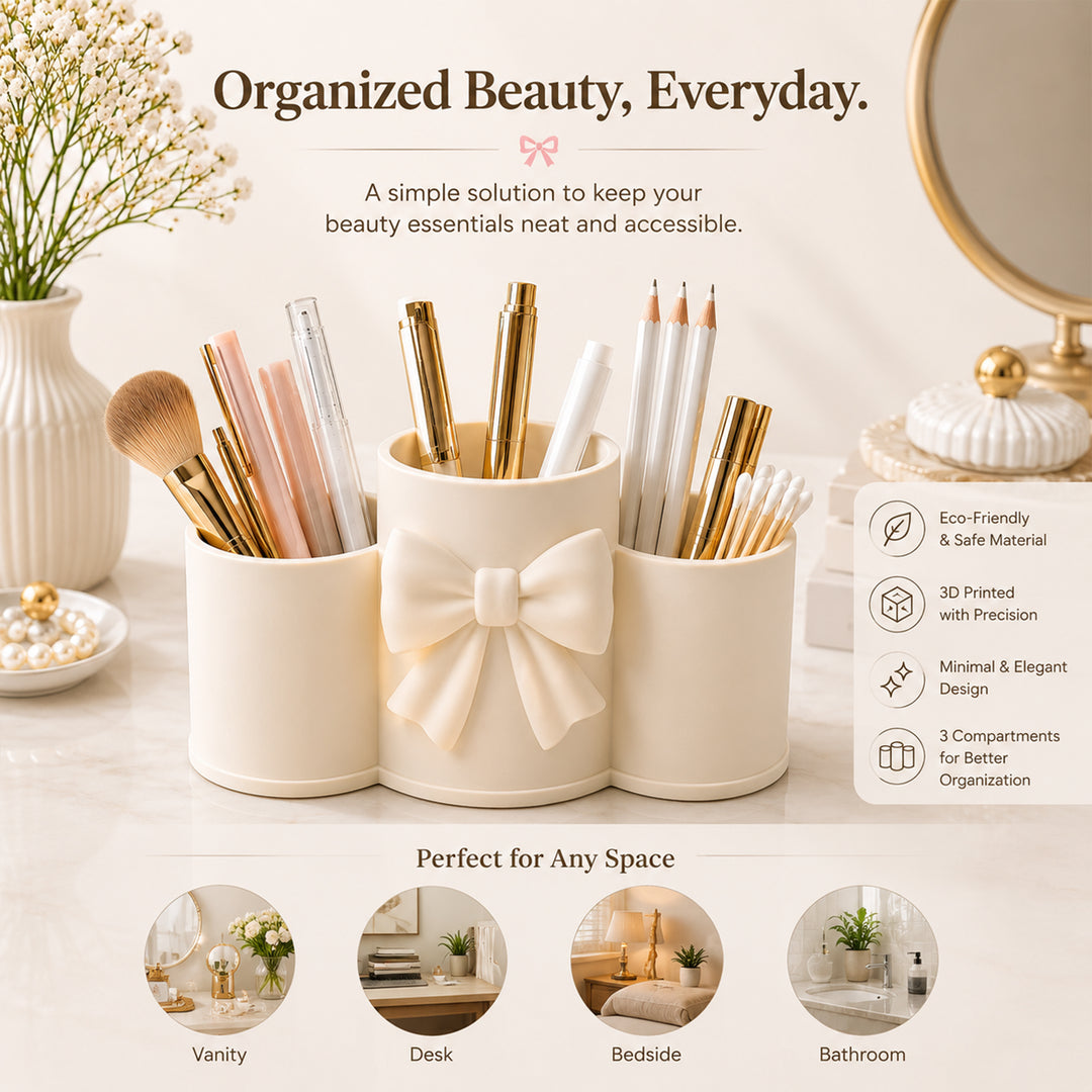 Elegant Bow Makeup Brush Holder | Cosmetic Organizer | Cotton Pad & Beauty Accessories Storage
