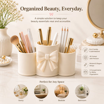 Elegant Bow Makeup Brush Holder | Cosmetic Organizer | Cotton Pad & Beauty Accessories Storage