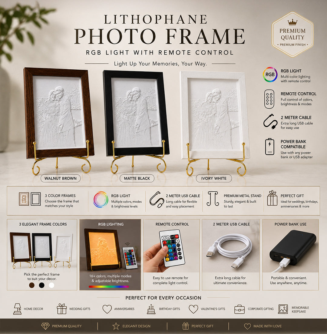 Custom LED Lithophane Photo Frame | RGB Light | Wooden Finish | Personalized Gift