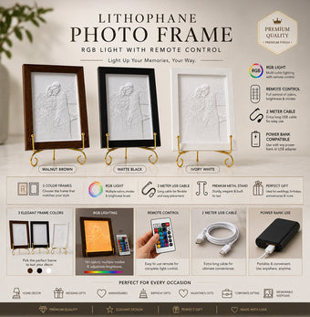 Custom LED Lithophane Photo Frame | RGB Light | Wooden Finish | Personalized Gift