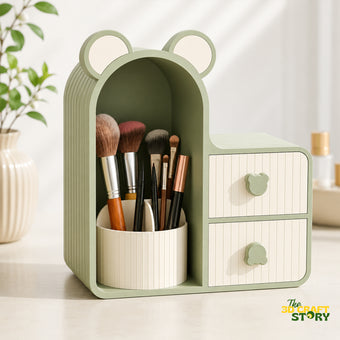 Cute bear makeup organizer with brush holder and drawers for cosmetics, skincare products, lipsticks, and beauty accessories.