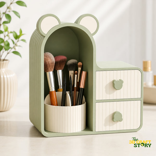 Cute bear makeup organizer with brush holder and drawers for cosmetics, skincare products, lipsticks, and beauty accessories.