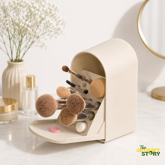 Dustproof makeup brush organizer box with flip cover and dedicated storage slots for cosmetic brushes and beauty tools.