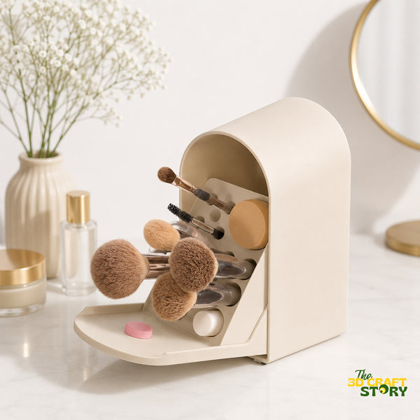 Dustproof makeup brush organizer box with flip cover and dedicated storage slots for cosmetic brushes and beauty tools.