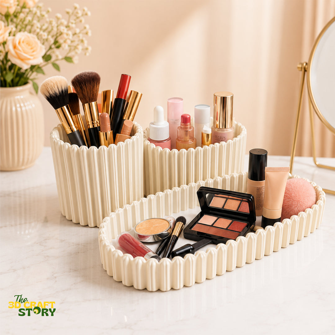 Luxury 3-piece makeup organizer set with brush holder, cosmetic storage container and vanity tray.